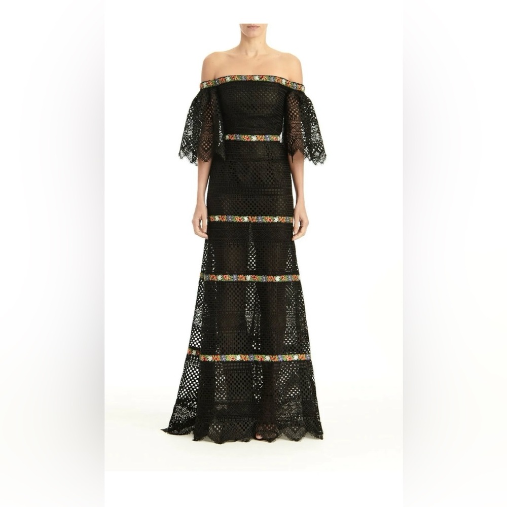 Carolina Herrera Black Off-Shoulder Lace Maxi Dress with Multicolor Trim
